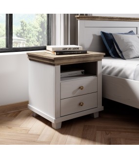 Przepiękna szafka nocna EVORA 52 cm biała z dodatkiem koloru dąb Lefkas do sypialni w stylu nowoczesnym oraz klasycznym.