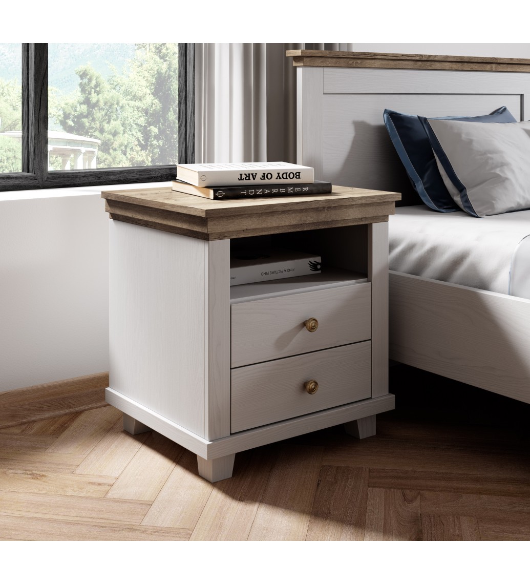 Przepiękna szafka nocna EVORA 52 cm biała z dodatkiem koloru dąb Lefkas do sypialni w stylu nowoczesnym oraz klasycznym.