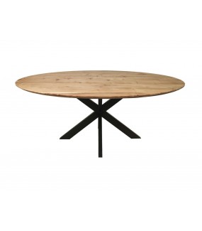 Stół z blatem z drewna akacjowego oraz metalową podstawą do industrialnej jadalni oraz salonu.