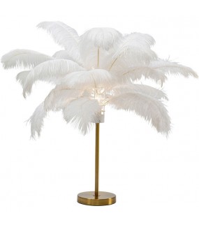 Przepiękna lampa stołowa Feather Palm z kloszem z strusich piór w kolorze biało złotym.