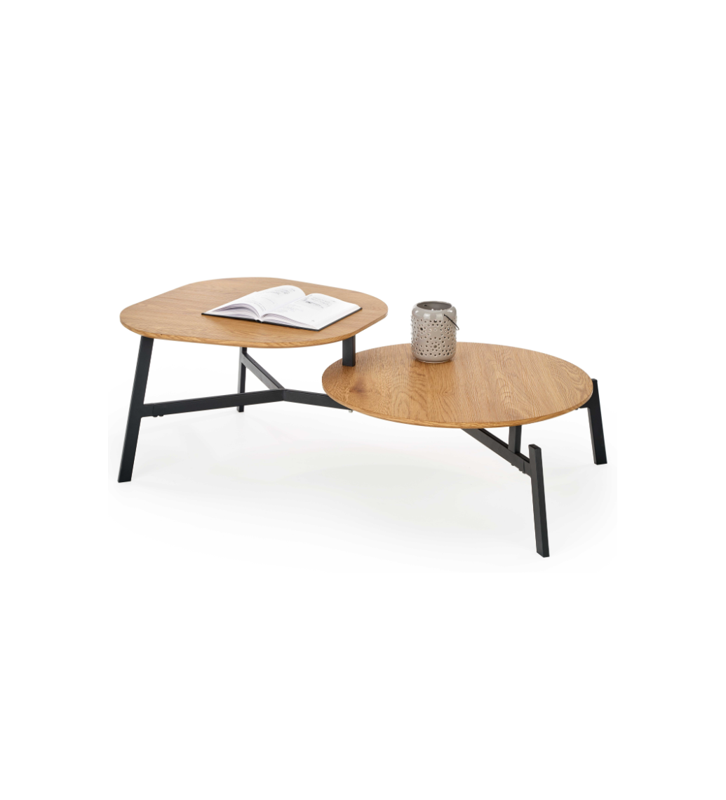 Ponadczasowy dwupoziomowy stolik kawowy ZIGGY w kolorze dąb złoty do salonu w stylu industrialnym.