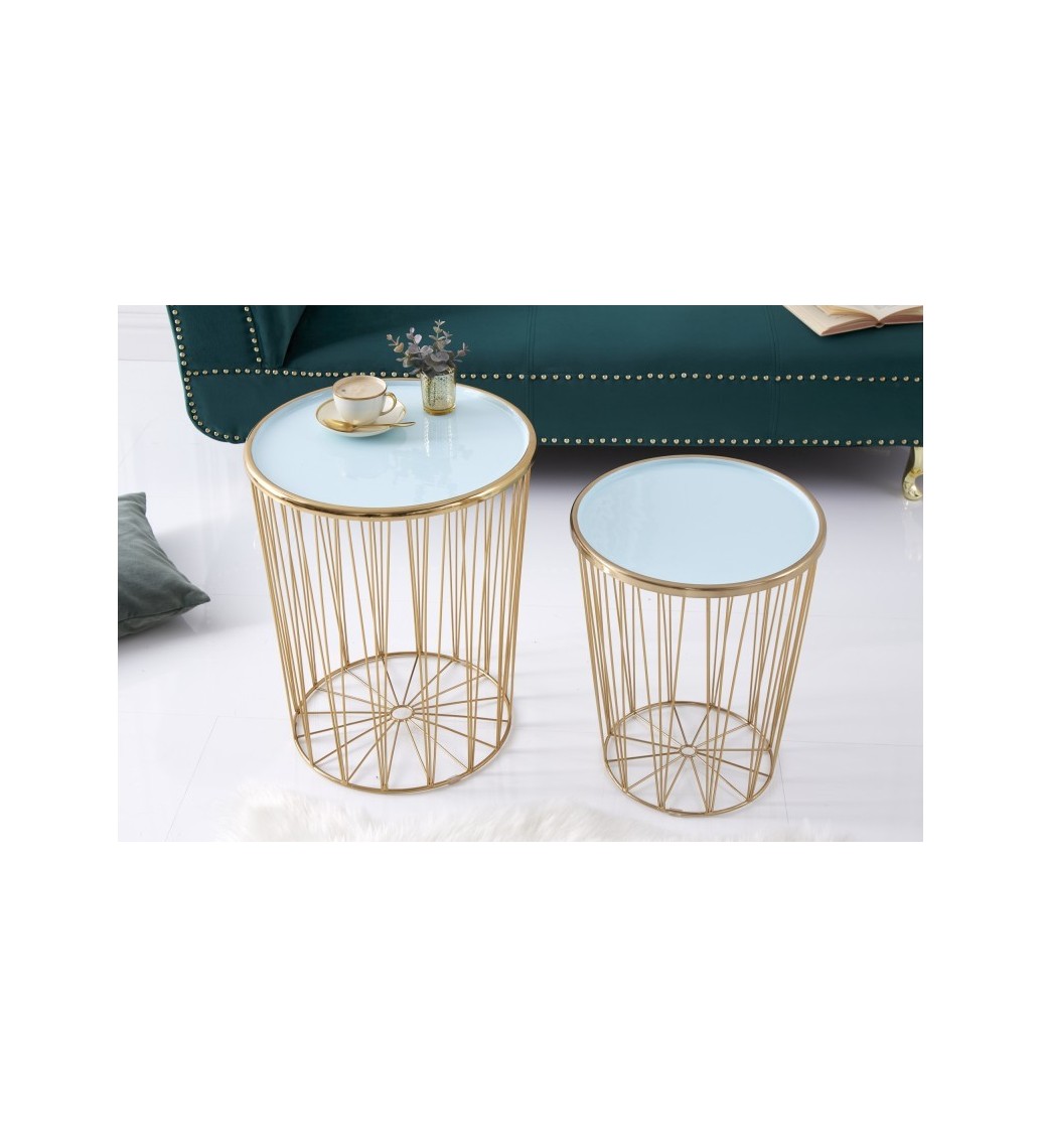 Stolik kawowy BODIL set 2 turkusowo złoty sprawdzi się w stylu glamour, klasycznym czy nowoczesnym