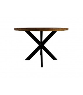 Świetny stół z blatem z drewna mango osadzony na metalowej, czarnej podstawie w kształcie spider.