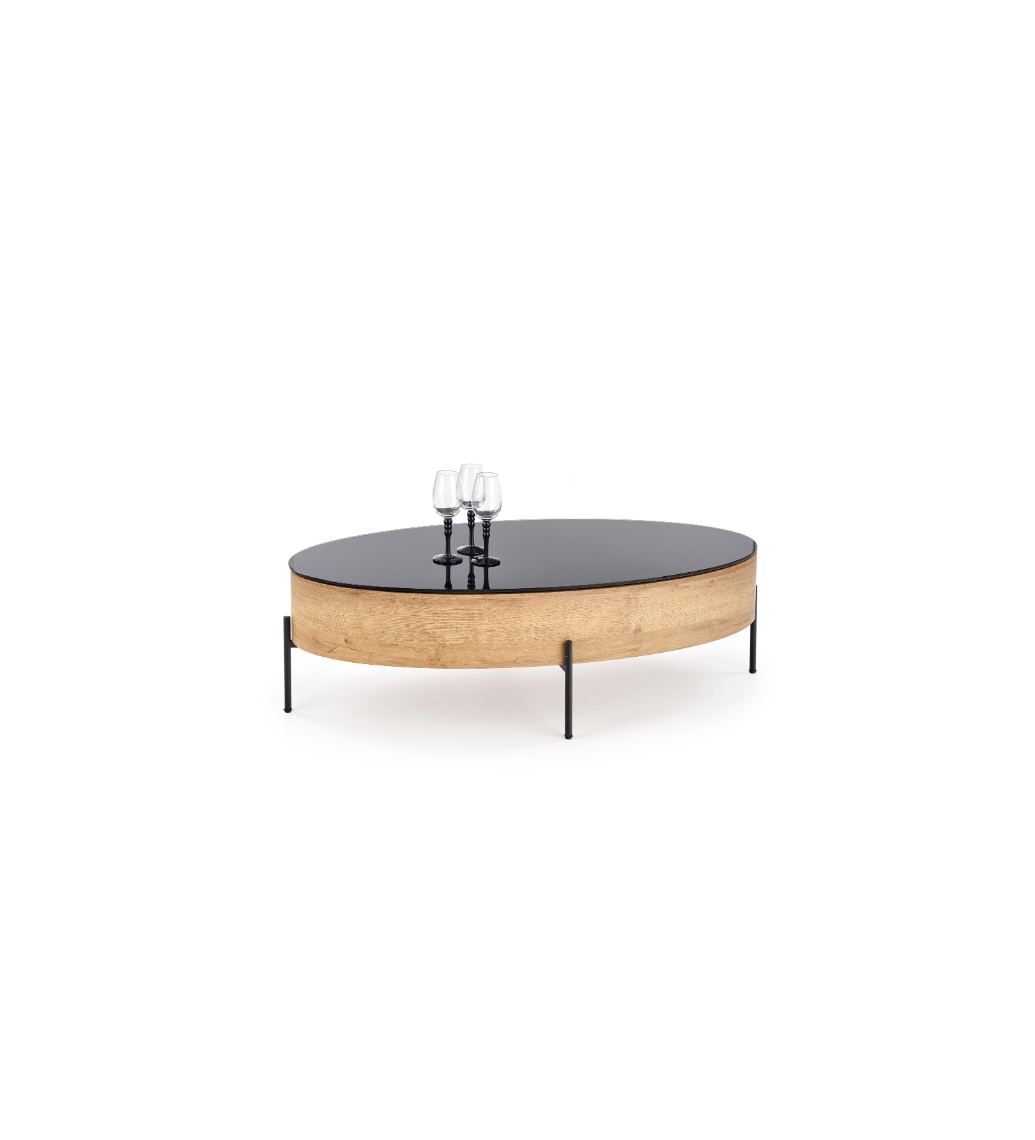 Designerski stolik kawowy ZENGA w kolorze dąb złoty z praktycznym schowkiem to propozycja do salonu czy pokoju dziennego.