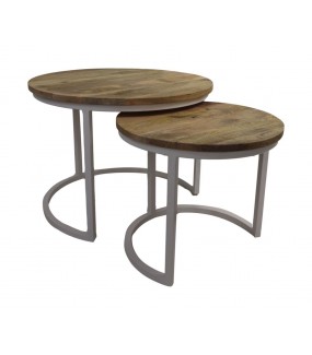 Stolik kawowy RONIN set 2 drewno mango do salonu urządzonego w stylu industrialnym oraz przemysłowym.