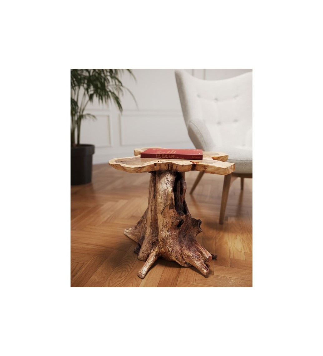 Stolik kawowy Tree 50 cm drewno teak do salonu urządzonego w stylu industrialnym