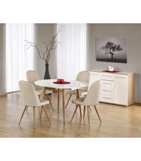 Stół rozkładany EDWARD biały z dodatkiem koloru dąb miodowy w świetny sposób zaaranżuje wnętrza salonu , pokoju oraz jadalni