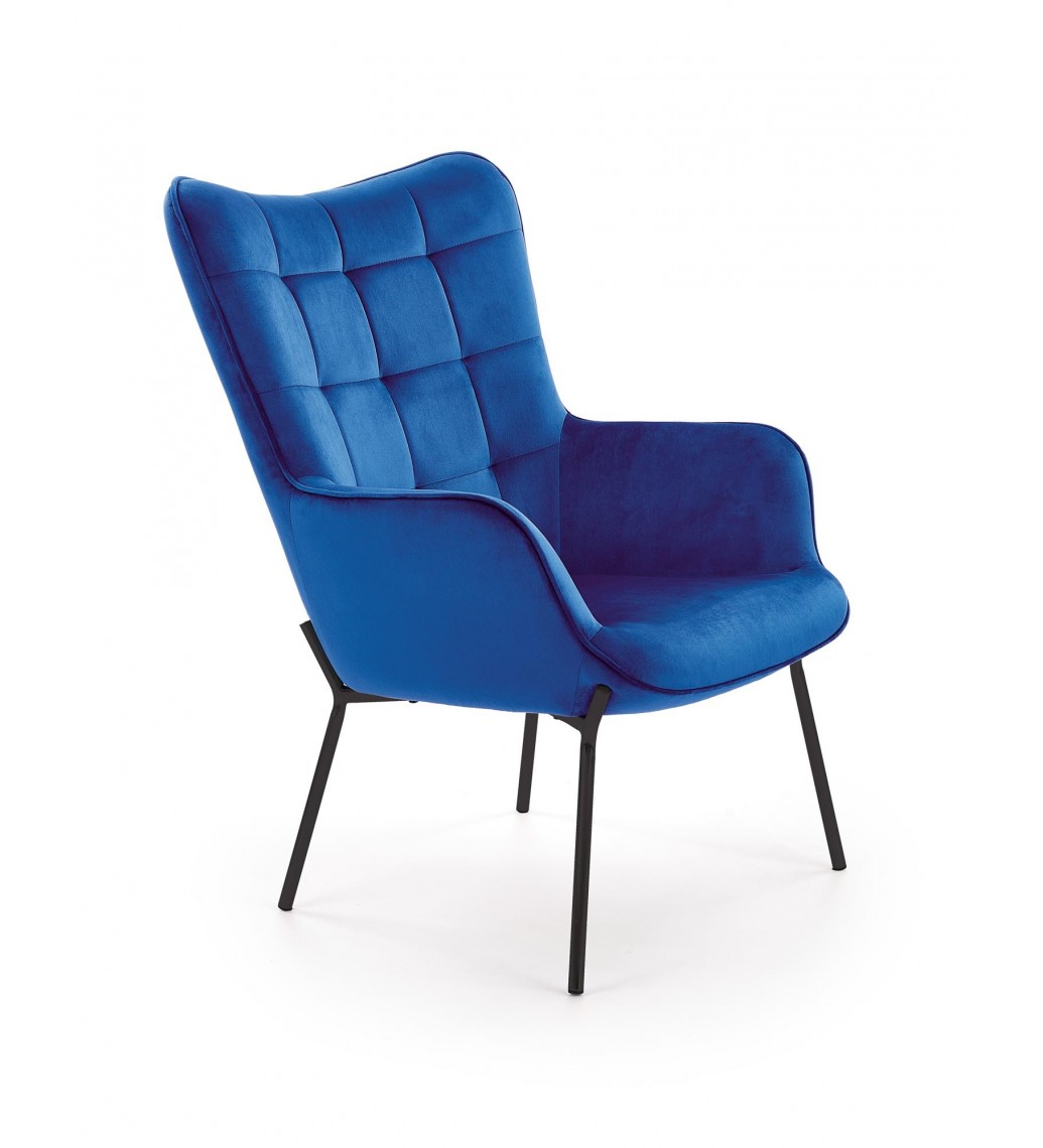 Przepiękny fotel w kolorze granatowym z czarnymi, metalowymi nogami do salonu oraz sypialni w stylu nowoczesnym.