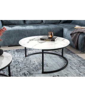 Stolik kawowy RAUL 80 cm w optyce białego marmuru do salonu urządzonego w stylu nowoczesnym oraz klasycznym.