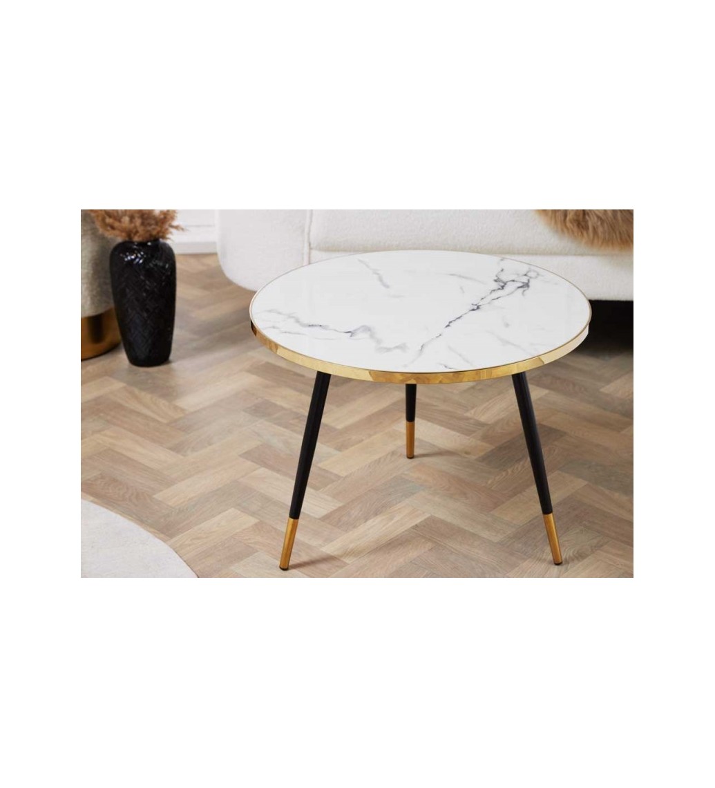 Stolik kawowy AUGUSTIN II 60 cm w optyce białego marmuru do salonu urządzonego w stylu nowoczesnym oraz glamour.