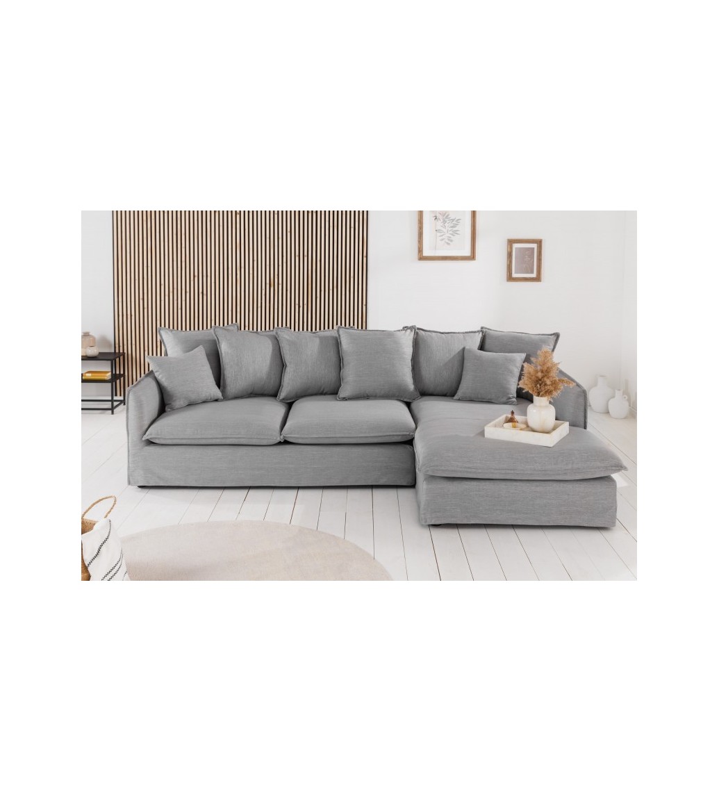 Sofa narożna Heaven 255 cm szara do salonu urządzonego w stylu boho oraz skandynawskim.