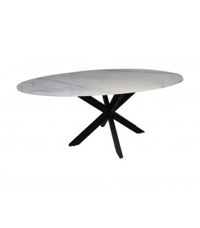Oryginalny stół REVEN z marmurowym blatem do salonu urządzonego w stylu industrialnym.