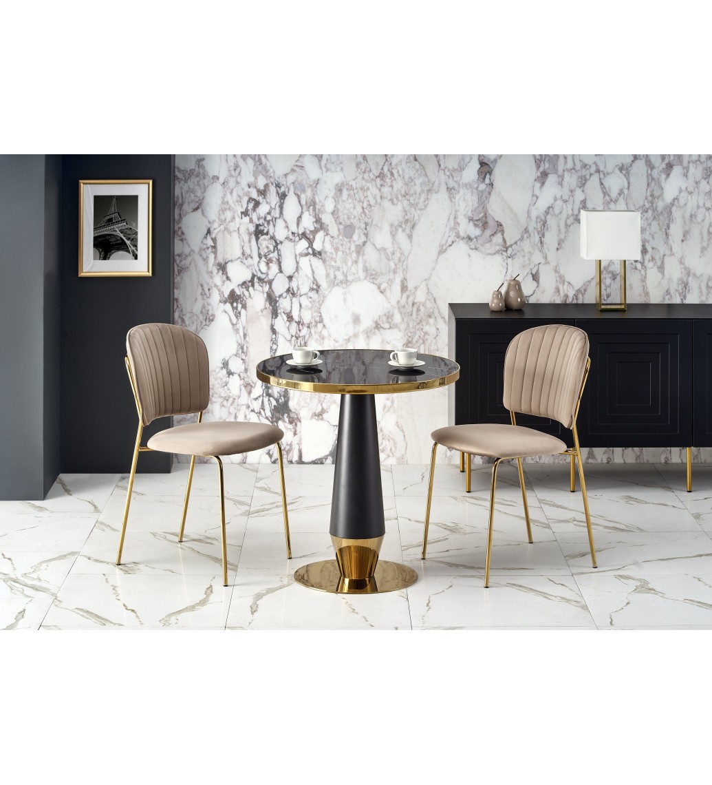 Stół okrągły MOLINA 59 cm czarny do salonu oraz jadalni urządzonych w stylu glam.
