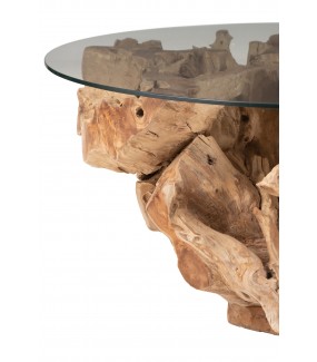 Niesztampowy stolik kawowy z szklanym blatem oraz podstawą z drewna teak.