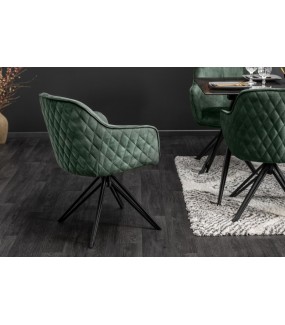 Krzesło Edmonton obrotowe 180 stopni ciemnozielone do jadalni czy kuchni na czarnej metalowej podstawie.