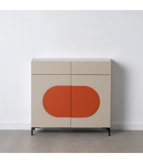 pojemna Komoda JAPONDI 90 cm w kolorze taupe i pomarańczowy do salonu w stylu loftowym.