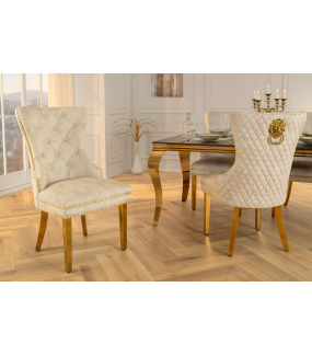 Fotel CASTLE glamour z weluru beżowy – złote nogi, pikowane oparcie