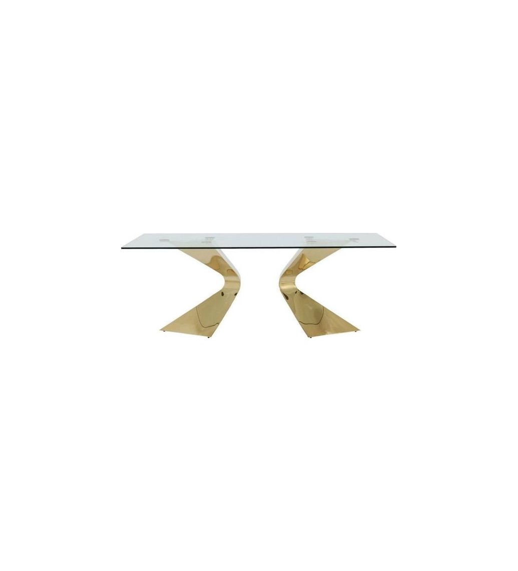 Stół szklany do salonu lub pokoju dzinnego  na metalowej złotej nodze w stylu glamour.