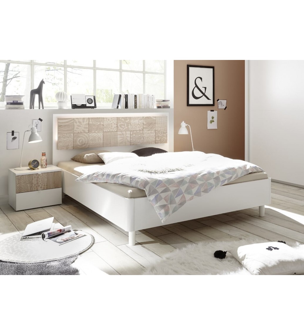 Łóżko XAOS 160 Cm X 200 Cm Białe Z Dodatkiem Dębu Sonoma Z Ozdobnym Nadrukiem