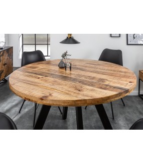 Przepiękny stół z okrągłym blatem z drewna mango na stabilnych, metalowych nogach.