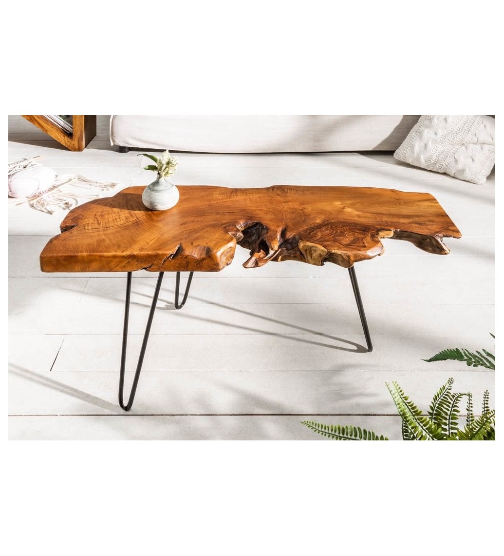stolik kawowy Wild z litego drewna teak na metalowych nóżkach idealny do salonu